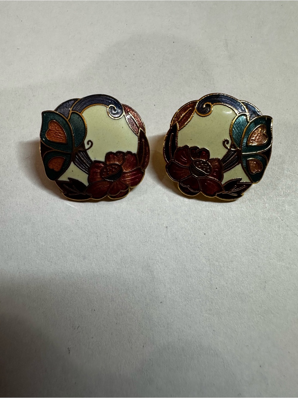 Vintage Avon Cloisonné Enamel Butterfly & Lotus Flower Stud Earrings
